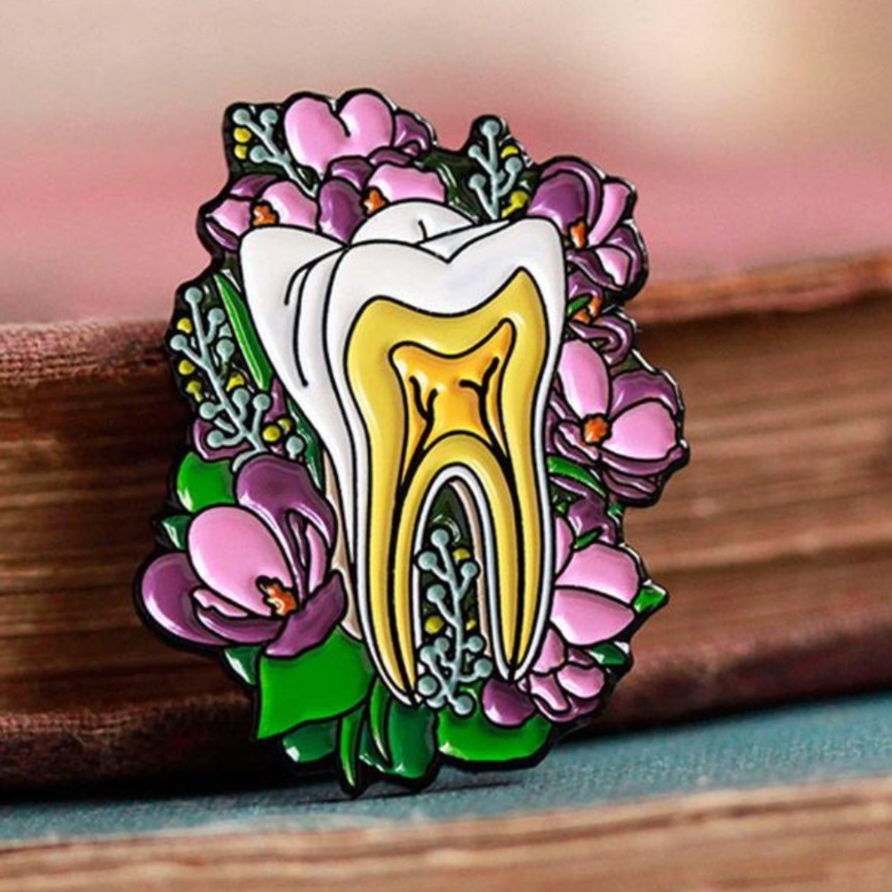 Enamel Pin of Tooth with Flowers